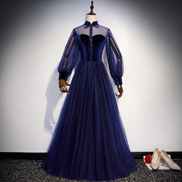 Simple A line Prom Dresses Long Sleeves Blue Tulle Evening Dress HZ1023
